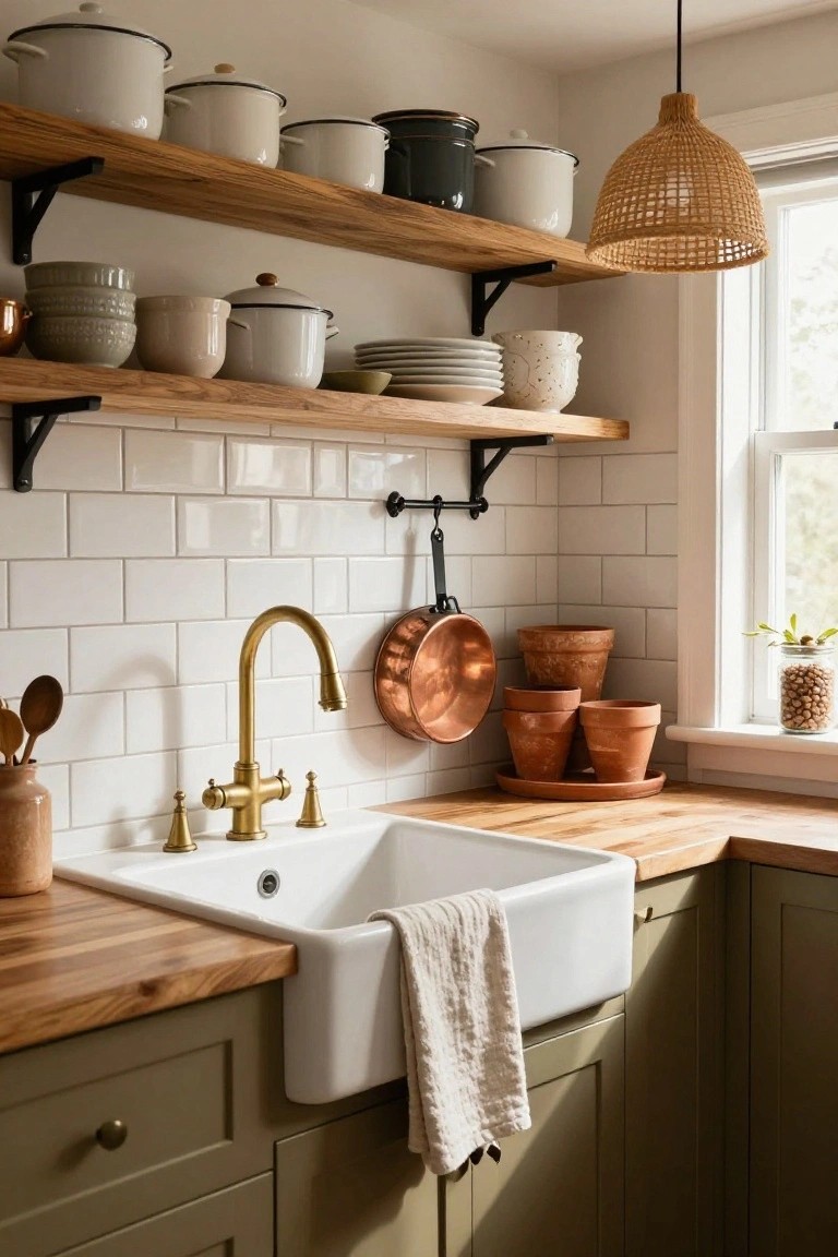 Kitchen corner featuring wooden open shelves with white enamelware pots, ceramic bowls, and dishes, white subway tile backsplash, brass faucet over farmhouse sink, wooden countertops, and sage green lower cabinets.