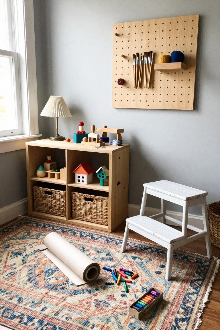 Child's playroom corner with birch pegboard wall holding paintbrushes yarn balls and hooks wooden shelving unit with toys and wicker baskets white step stool colorful patterned rug rolled paper crayons and xylophone on floor