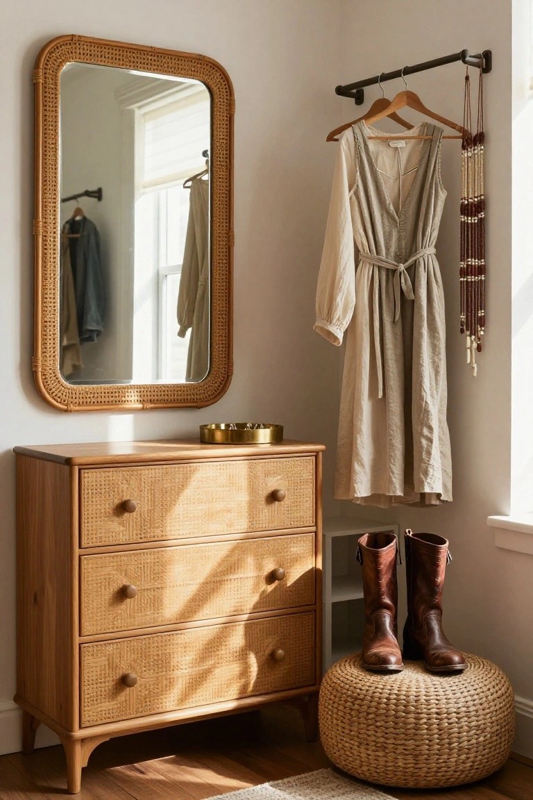 Corner of a bedroom with oval rattan mirror on wall, three-drawer wooden dresser with rattan fronts and round knobs, brass tray on dresser top, pipe wall rack holding beige linen dress and beaded necklace strands, pair of brown leather boots on rattan pouf stool.