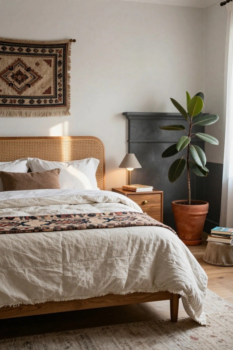 Bedroom with rattan headboard on wooden frame bed covered in white linens and colorful fringed throw, wooden nightstand with lamp and books, large potted plant in terracotta pot by dark wall, woven tapestry hanging on white wall, sheer curtain and hardwood floor.
