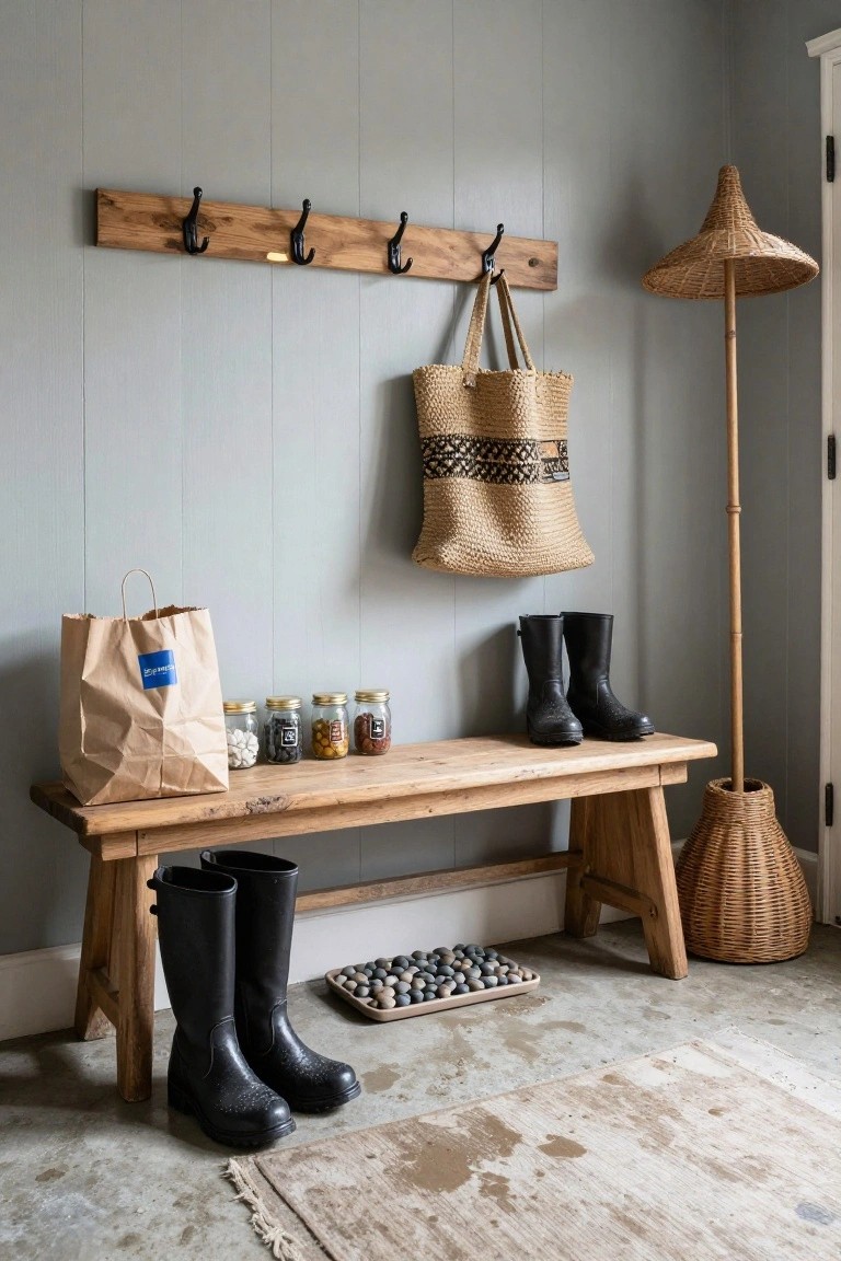 Gray shiplap wall in an entryway with wooden coat hooks, hanging woven bag, conical bamboo lamp, bench holding jars and supporting black wellies, paper bag nearby, woven basket, and pebble tray on the floor.