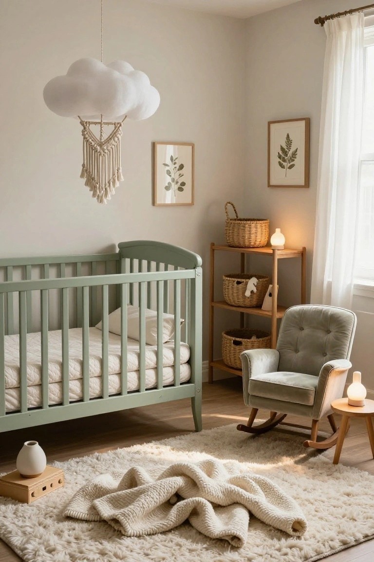 A nursery interior with light beige walls, a sage green wooden crib with white mattress and pillow, a white cloud-shaped pendant light with macrame hanger, wooden shelves holding wicker baskets, a light gray velvet rocking chair next to a small wooden table with lamp, and a fluffy white rug with knit blanket on the hardwood floor.
