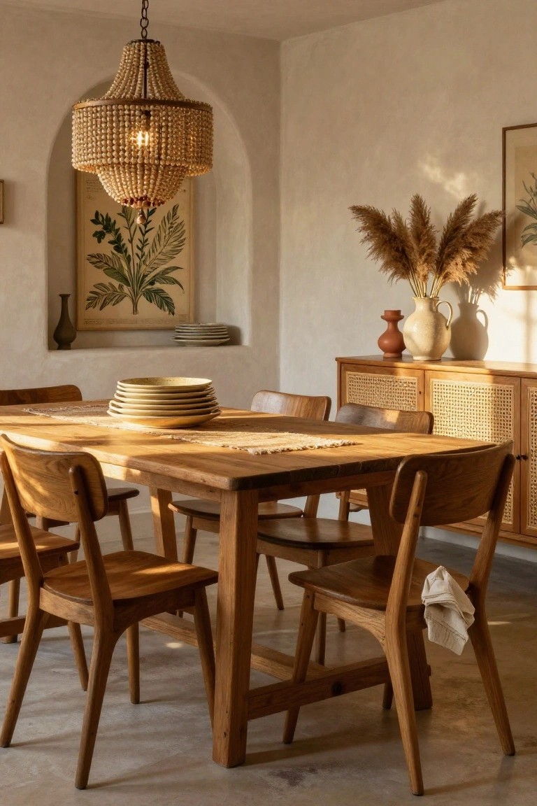 A sunlit dining room with white plaster walls, arched niche, beaded shell chandelier over a wooden trestle table and slat-back chairs, rattan sideboard, stacked plates, pampas grass in vases, and a linen napkin on one chair.