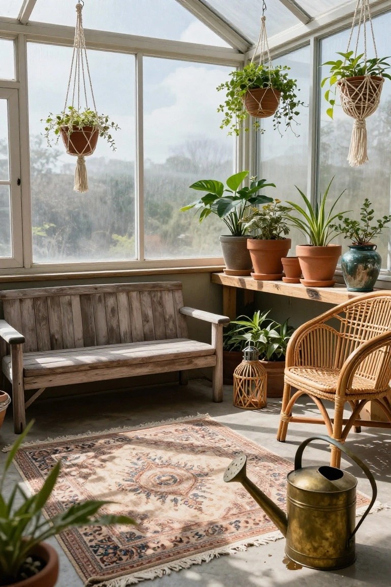 Sunroom interior with glass walls and ceiling, featuring hanging macrame plant holders, potted plants on wooden shelves, a weathered wooden bench, rattan chair, Persian rug, and brass watering can on the floor.