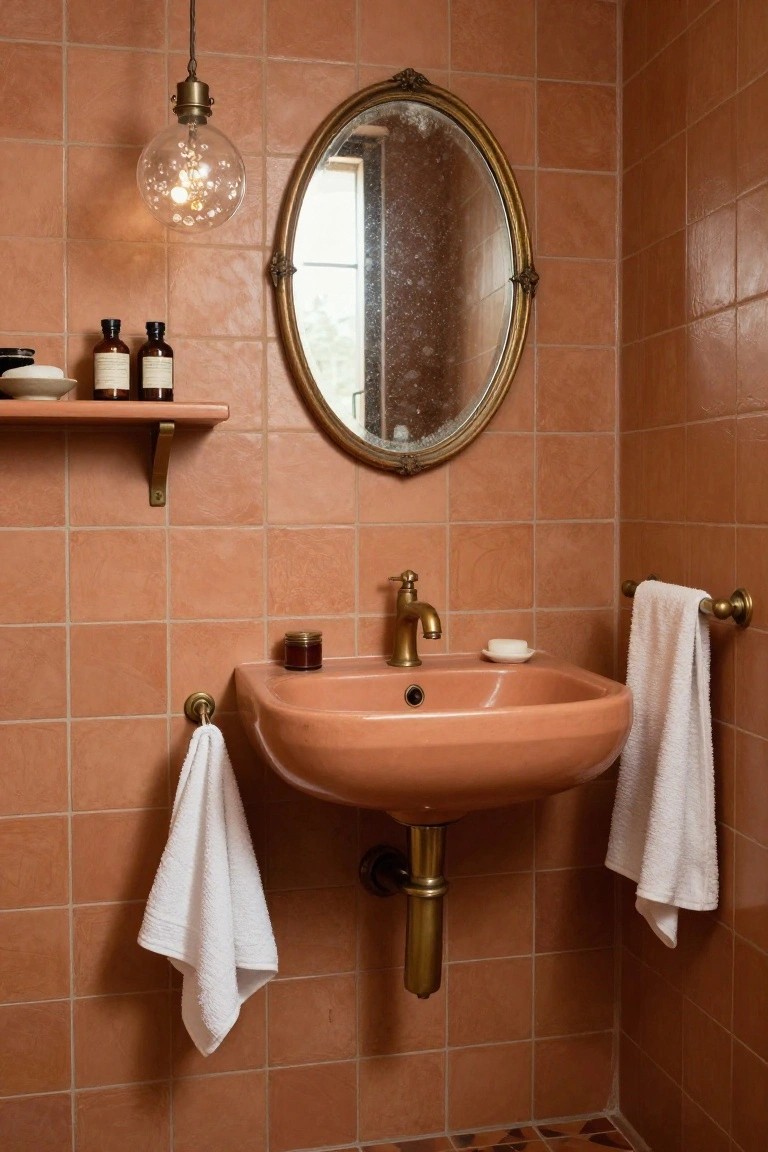 Bathroom corner featuring orange terracotta tile walls, peach sink with brass faucet and exposed pipe, oval mirror above sink, white towels on brass rails, and small shelf with bottles.