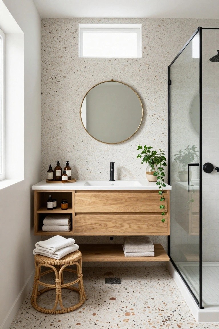 Compact bathroom with light oak floating vanity, white sink, black faucet, round gold mirror, open shelves holding towels and jars, rattan stool, ivy plant in glass vase, glass shower enclosure, and beige terrazzo walls and floor.