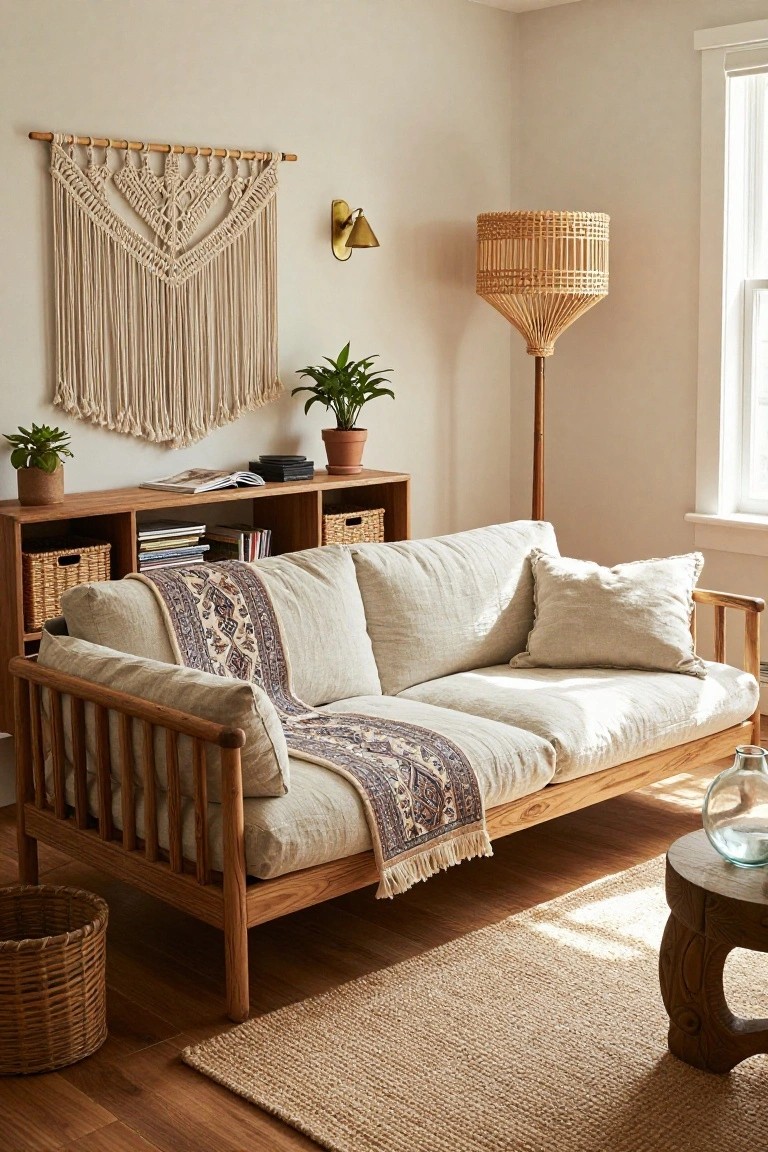 Light beige living room corner with wooden futon sofa covered in white linen cushions and a multicolored patterned throw, wooden shelves with baskets and books, potted plants, rattan floor lamp, macrame wall hanging, and wicker baskets on hardwood floor.