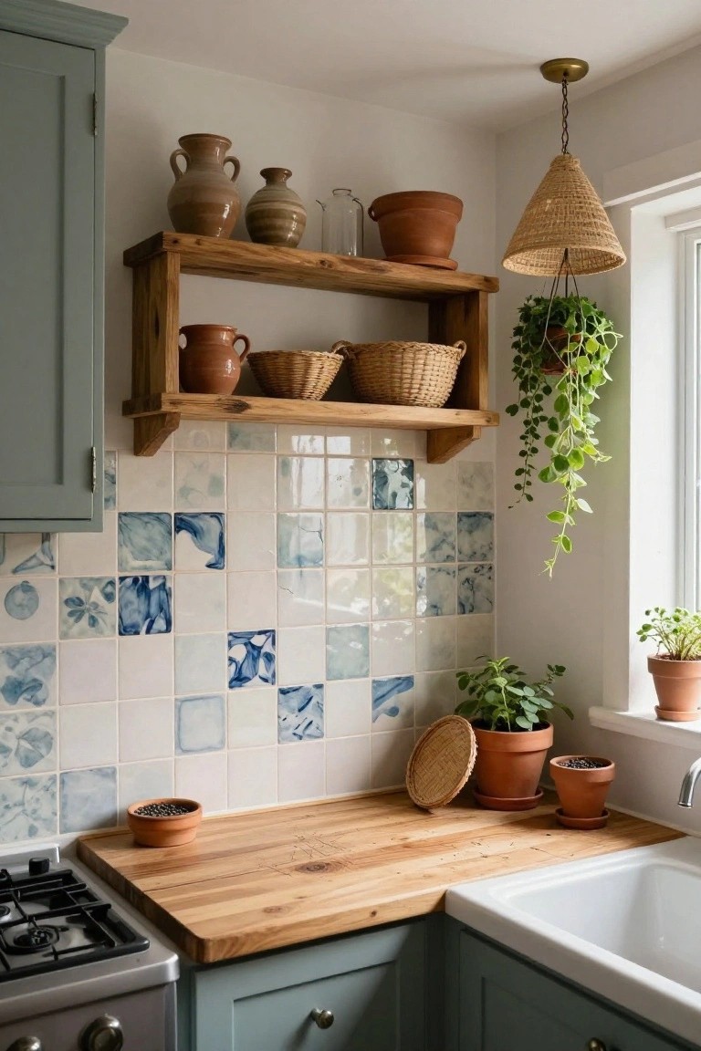 Corner of a sage green kitchen with wooden open shelves holding terracotta pots, baskets, and vases, blue abstract patterned tile backsplash, butcher block countertop, white sink, gas stove, and hanging plants near a window.