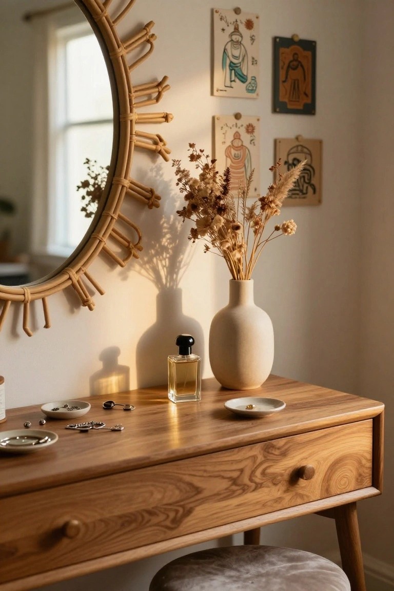 Wooden vanity table holding perfume bottle, jewelry trays, keys, and small dishes, positioned below four colorful eclectic art prints featuring stylized figures on a white wall, adjacent to a large round rattan mirror and tall vase of dried grasses.