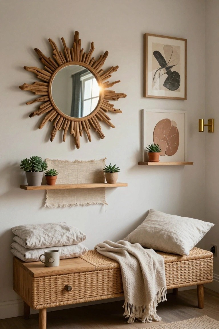 Indoor wall corner with large sunburst mirror of twisted driftwood, two framed abstract artworks, wooden floating shelves holding potted succulents and frayed fabric, gold wall light, and rattan storage bench with folded linens, throw blanket, and mug below.