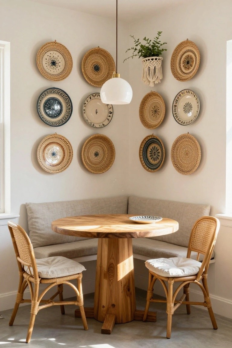 Corner dining nook with beige linen bench seating, round wooden table, two rattan chairs with cushions, and a wall display of assorted woven baskets and ceramic plates above a white pendant light.