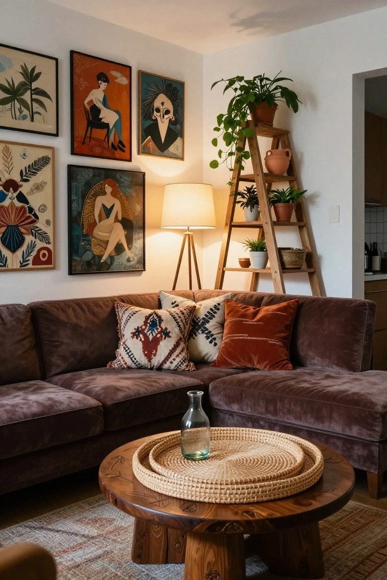 Living room corner with four colorful framed art prints of stylized figures on white wall, wooden ladder shelf holding plants and pots, brown velvet sofa with patterned pillows, tripod floor lamp, and round wooden coffee table with seagrass tray and glass bottle.