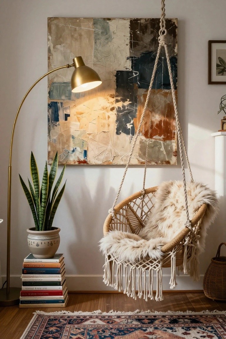 Interior corner with a large textured abstract painting in beige, blue, and rust tones on a white wall, a hanging macrame swing chair with white fur throw, gold arc floor lamp, snake plant in ceramic pot, stack of books, small framed print, woven basket, and Persian-style rug on wood floor.
