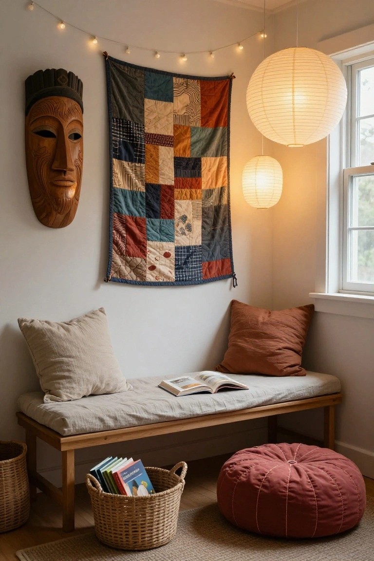 White-walled indoor corner with wooden tribal mask and multicolored patchwork quilt hanging above linen-upholstered wooden bench, beige and rust pillows, open book, paper lanterns, basket of colorful books, and pouf on wooden floor.