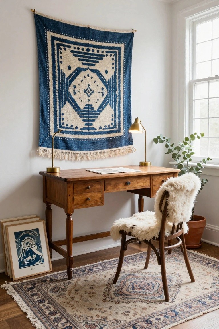 White-walled room corner with large blue and white geometric fringed tapestry hanging above wooden desk with papers and drawers, gold arc lamp, eucalyptus plant, fluffy white sheepskin on wooden chair, potted plant, framed blue artwork leaning nearby, and patterned rug on wood floor.