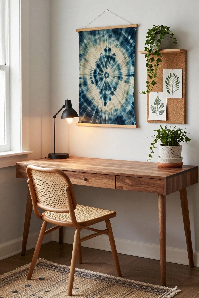 A home office corner with light walls, wooden desk, rattan chair, black desk lamp, large indigo tie-dye fabric hanging on a wood rod, corkboard with leaf prints, ivy plant on shelf, and potted plant on desk.