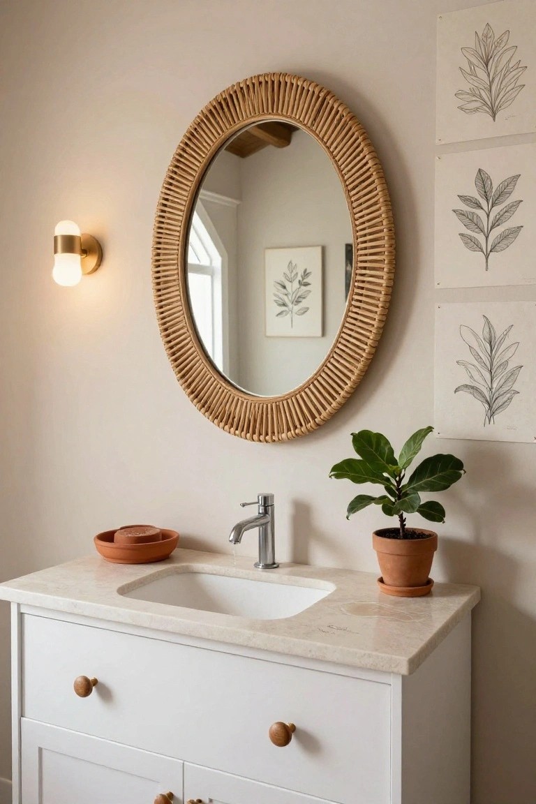 Bathroom vanity with white cabinet base, beige stone countertop and undermount sink, chrome faucet, two terracotta soap dishes, potted ficus plant in terracotta pot, oval rattan-framed mirror, gold sconce light, and three white-framed black line drawings of leaves on the wall.