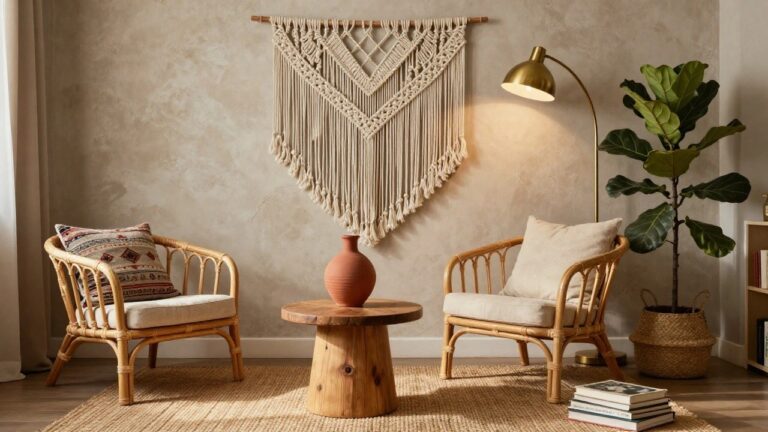Cozy indoor room corner with large beige macrame wall hanging on wall above rattan armchair with patterned pillow, wooden drum table holding terracotta vase and stack of books, fiddle leaf fig plant in basket, gold arched floor lamp, and jute rug on wood floor.