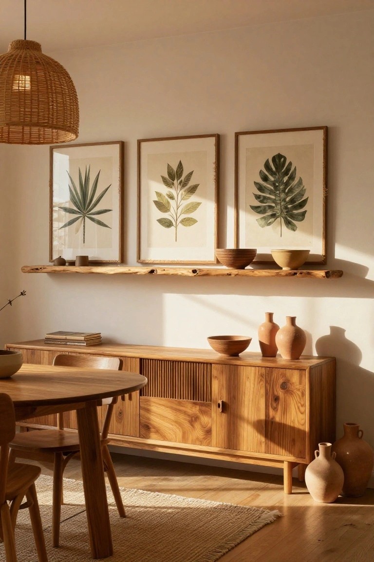 A cozy dining area with a round wooden table and chairs, wooden credenza, three tall framed prints of green leaves mounted on a rough wooden floating shelf holding ceramic bowls and cups, rattan pendant lamp overhead, and terracotta vases nearby.