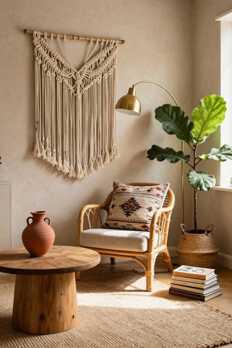 Cozy indoor room corner with large beige macrame wall hanging on wall above rattan armchair with patterned pillow, wooden drum table holding terracotta vase and stack of books, fiddle leaf fig plant in basket, gold arched floor lamp, and jute rug on wood floor.