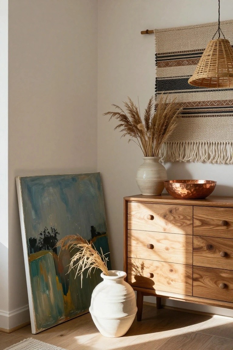 Indoor room corner with a low wooden dresser topped by a copper bowl, beige ceramic vase, and white amphora vase holding pampas grass, a large abstract painting leaning against the wall with pampas grass protruding from its frame, a woven wall hanging above, and a rattan pendant light hanging nearby.
