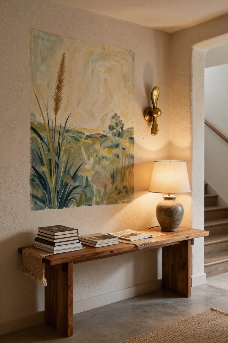 Corner of an interior room with a large abstract painting of pampas grass and fields on a textured beige wall, a wooden bench holding stacked books and an open magazine, a lit ceramic lamp on the bench, gold wall sconce, and stairs nearby.