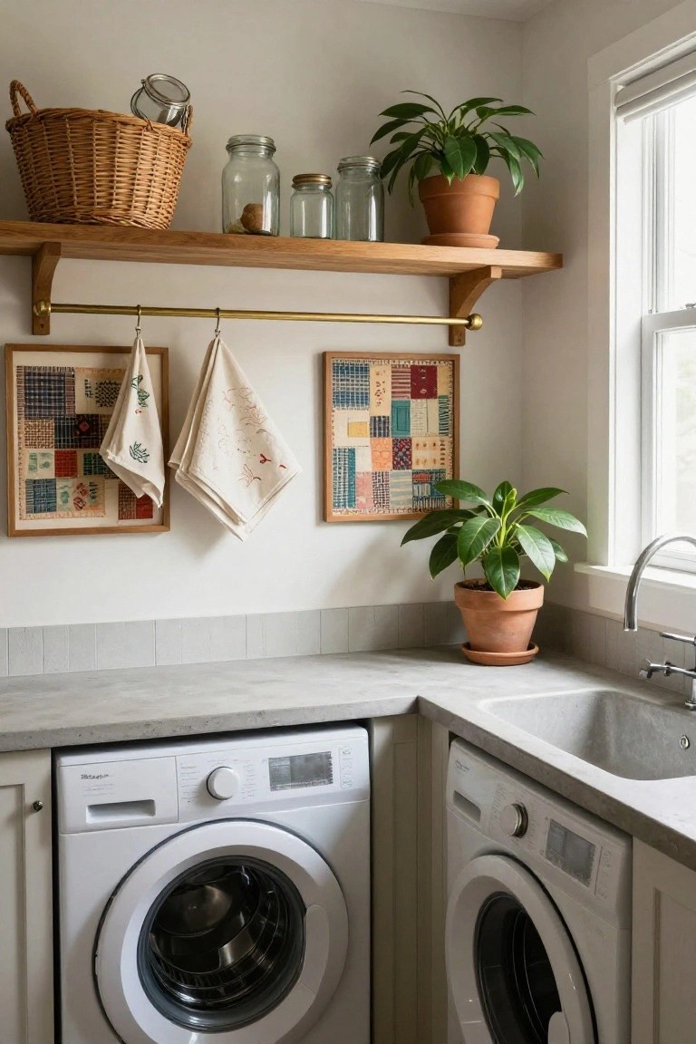 Laundry room corner with two white front-loading washers and dryers, gray countertop and sink, wooden shelves holding jars, basket, and potted plants, brass rod with hanging embroidered towels, and two framed patchwork textile artworks on the wall.