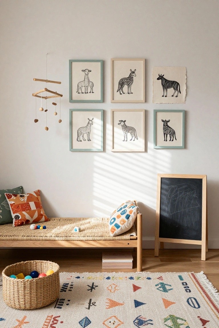 Nursery room corner featuring a gallery wall of six framed black line drawings of animals including giraffes and zebras, wooden mobile hanging above, wicker bench with patterned cushions, chalkboard easel, basket of colorful balls, and geometric patterned rug on wood floor.
