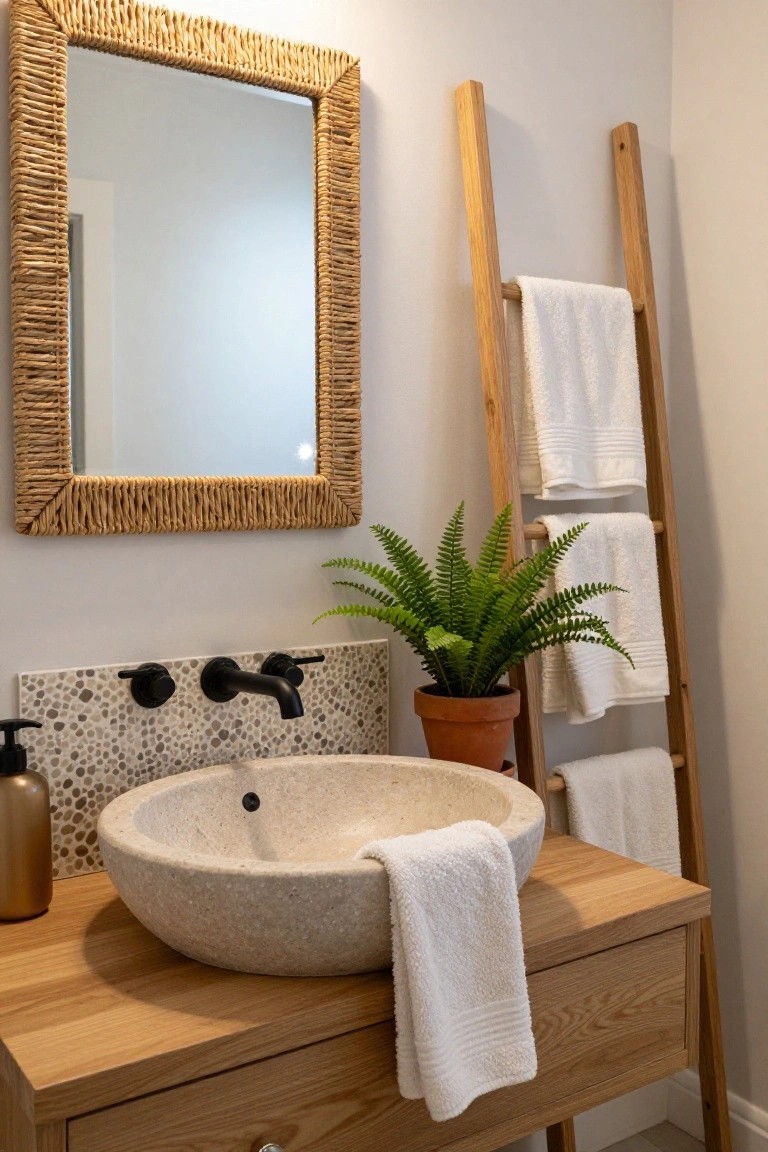 Bathroom vanity area with oval beige stone sink on oak wood counter and cabinet, black matte faucet on pebble backsplash, round mirror in light rattan frame above, potted green fern plant, wooden ladder towel rack with folded white towels to the side, and gold soap dispenser.