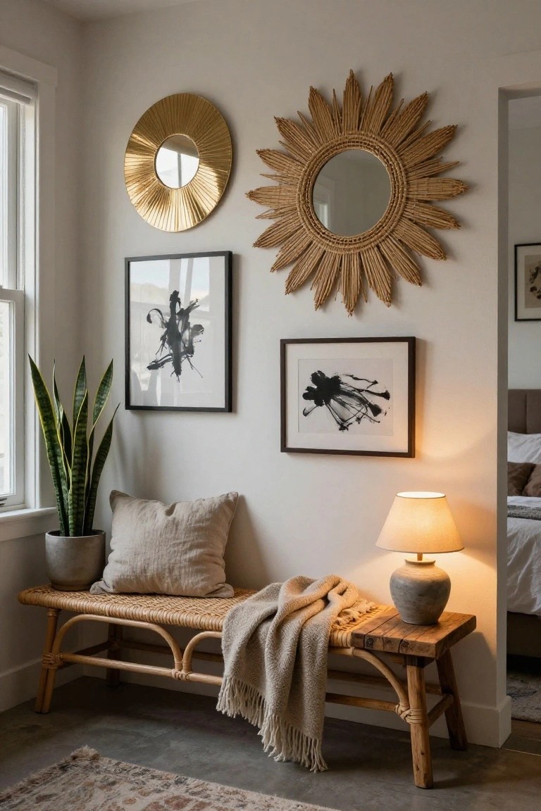 Indoor corner with a gold sunburst mirror, a rattan sunburst mirror, two black-framed abstract ink art prints, a snake plant in a pot, a beige linen pillow and throw blanket on a rattan bench, a ceramic lamp on a wooden stool, and a patterned rug on a concrete floor.