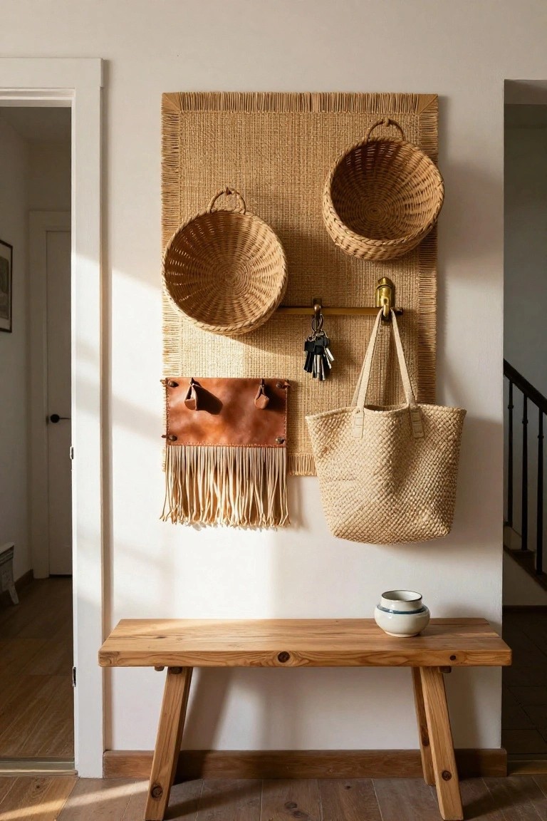Entryway wall with beige woven panel holding two tan round baskets, brown leather strap holder with fringe, keys on gold hook, and beige straw tote bag, above wooden bench with white ceramic vase.