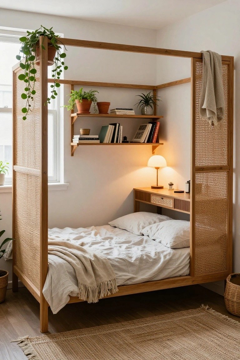 A small bedroom corner with a low wooden bed inside a tall oak frame with rattan side panels, integrated shelves holding books and plants, a desk with lamp below the shelves, white bedding, and potted plants nearby.