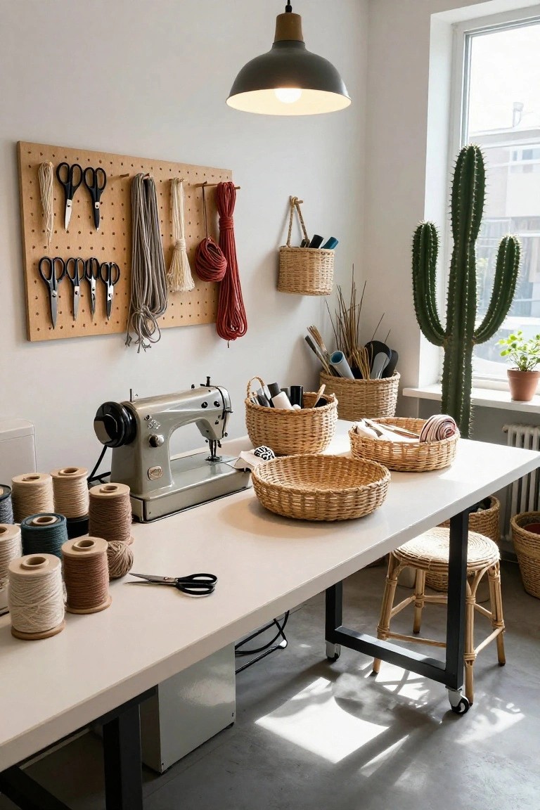 Indoor sewing workspace with wooden pegboard wall holding black scissors, colorful yarn ropes, and tools, gray sewing machine on white table surrounded by thread spools and wicker baskets, tall potted cacti by window.