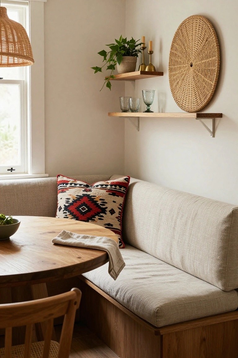 Cozy indoor corner dining nook featuring a beige upholstered built-in bench seat wrapping around a round wooden table with a wooden chair, colorful woven pillow on the bench, bowl of greens on the table, floating wooden shelves holding plants glassware and candles, large woven wall hanging, potted plant, and rattan pendant light near a window.