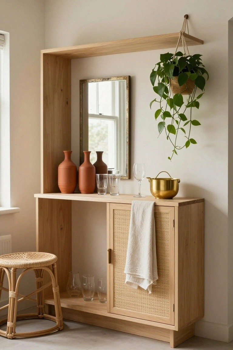 Wooden console cabinet with cane-front doors and open shelves above, styled with terracotta vases, glasses, gold bowl, hanging plant, mirror, and rattan stool in a light corner room.