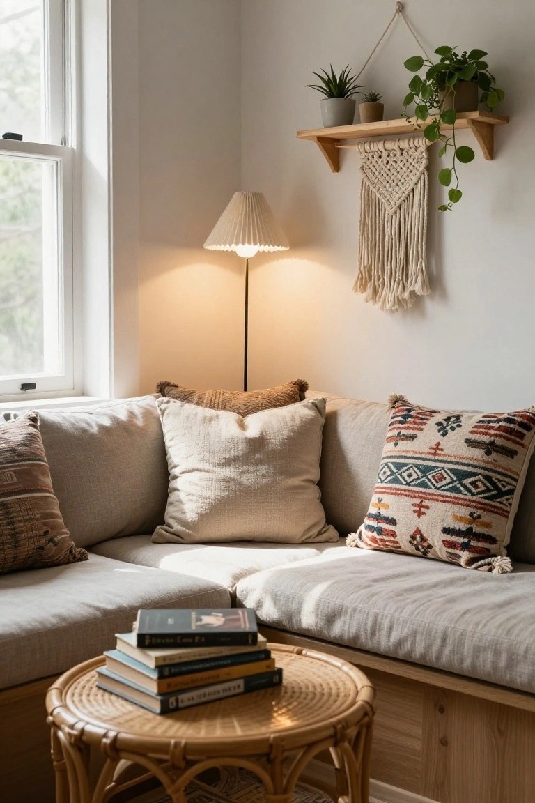 Light gray built-in L-shaped bench sofa in a bright indoor corner with layered pillows in cream, tan, and patterned fabrics, rattan side table holding stacked books, floor lamp, macrame hanging, potted plants on a wall shelf, and a window.