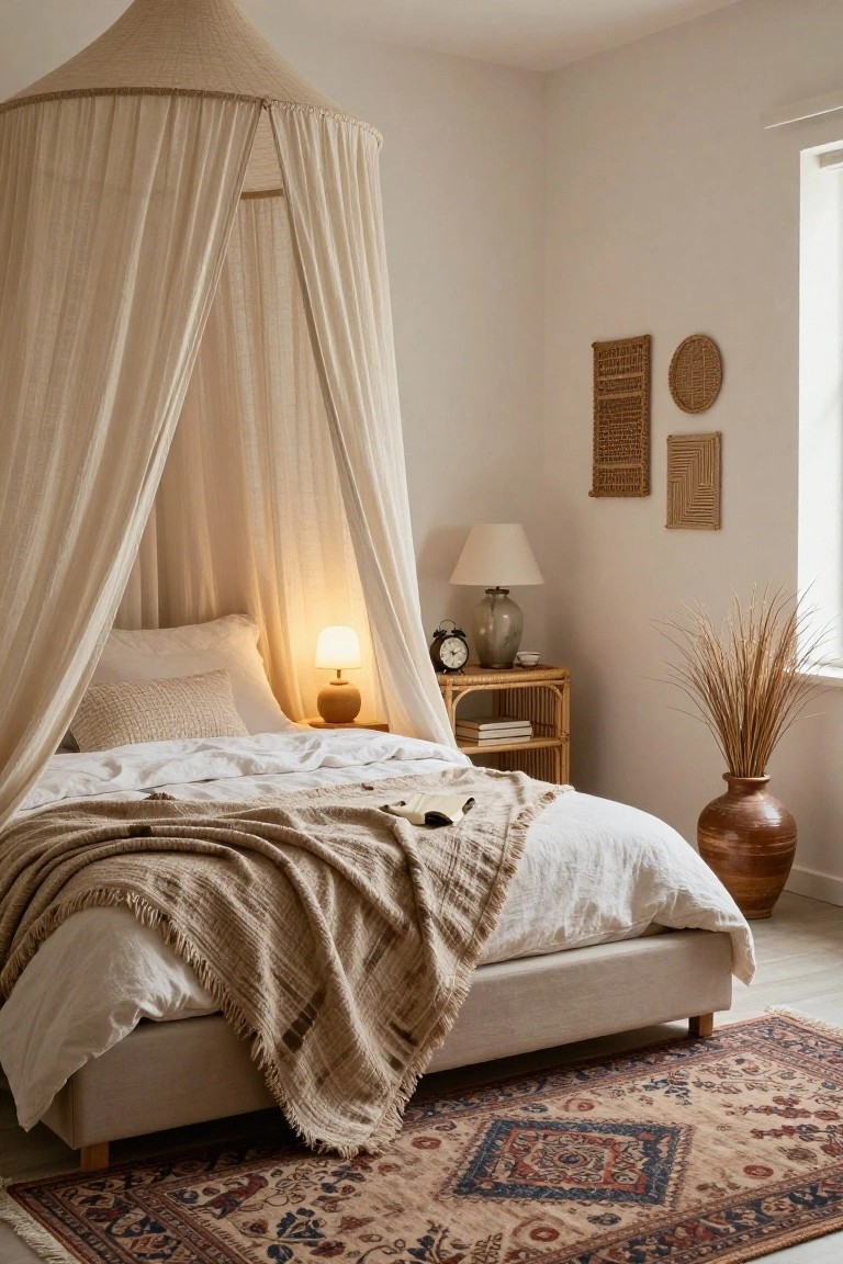 A bedroom with a low platform bed under a beige fabric canopy, white linens and textured pillows, beige fringed throw, ceramic lamps on wooden surfaces, rattan shelf holding books, potted pampas grass, woven wall art, and patterned rug on light floor.