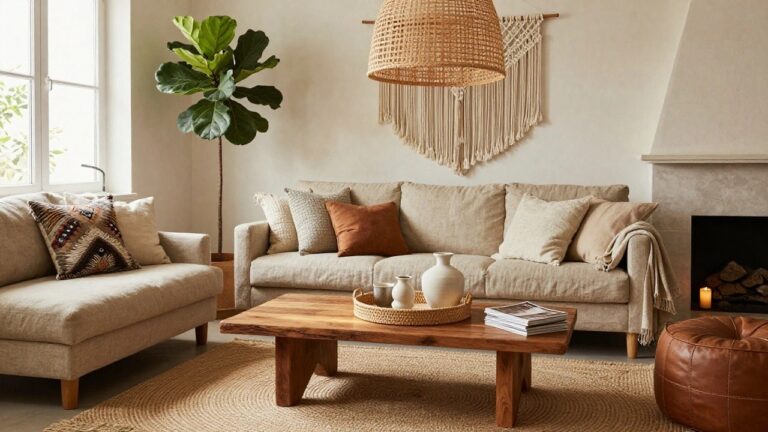 18 Budget Friendly Boho Decor Ideas That Look Surprisingly High End Cozy boho living room with beige linen sofa, chunky wooden coffee table holding woven tray and ceramics, round seagrass rug, tall fiddle leaf fig plant by window, rattan pendant light, macrame wall hanging above fireplace, and brown leather pouf.