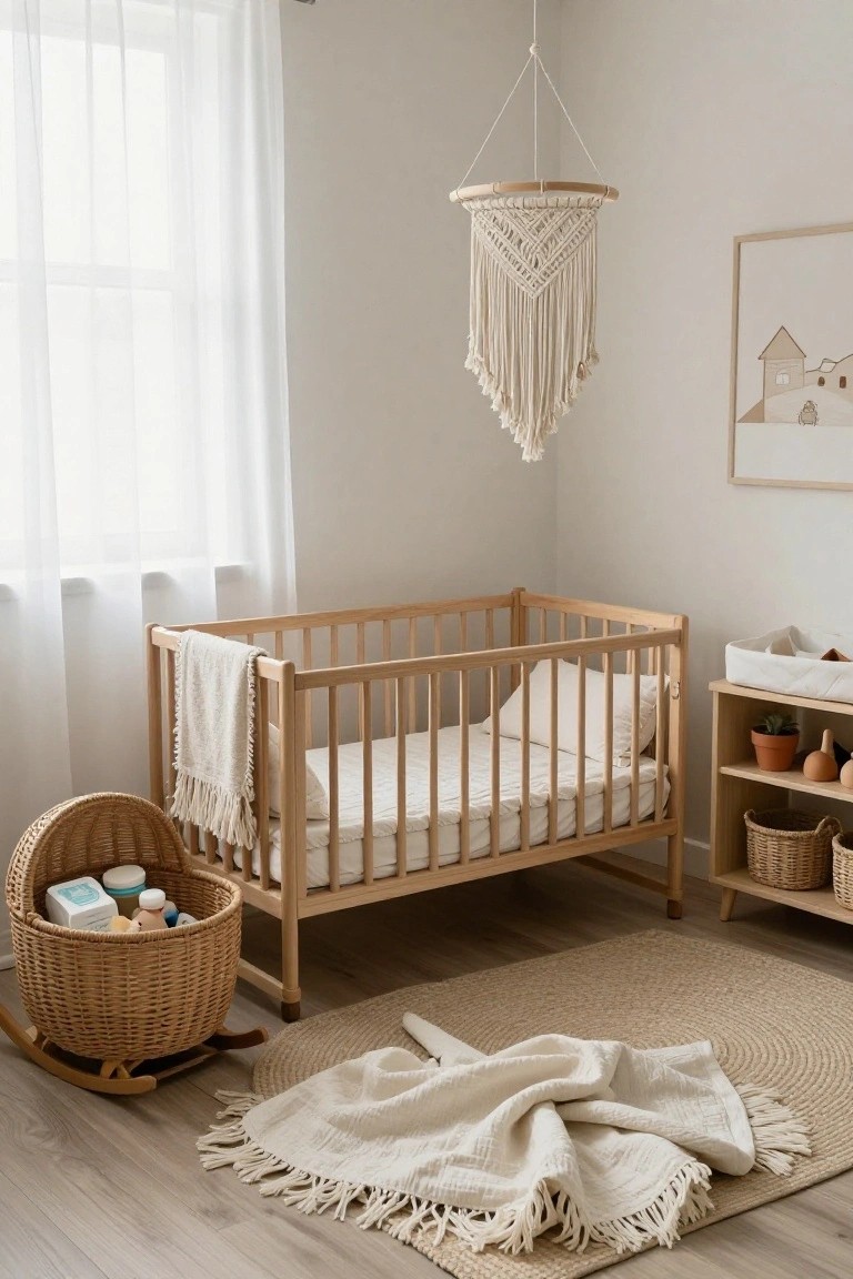 Beige nursery room with wooden crib draped in white blanket, macrame hanging decor from ceiling, wicker rocking chair holding basket of baby items, neutral woven rug on wood floor, and low changing table with plants.
