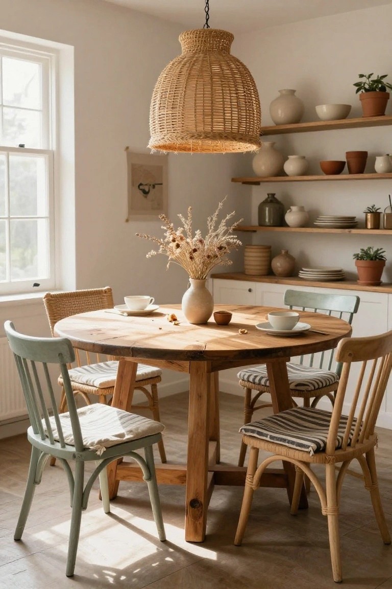 Dining room interior with round wooden table set with teacups and vase, four mismatched chairs in rattan and painted green wood, large woven rattan pendant light overhead, open shelves with ceramics and plants, white walls, and window.