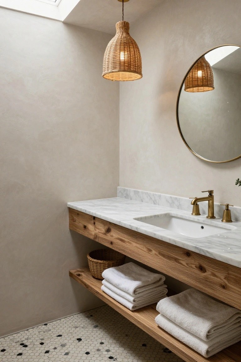 Bathroom interior with floating wooden vanity topped by white marble sink and brass faucet, open shelf below holding folded white towels and woven basket, rattan pendant light, round gold mirror, beige walls, and white hexagonal tile floor with black accents.