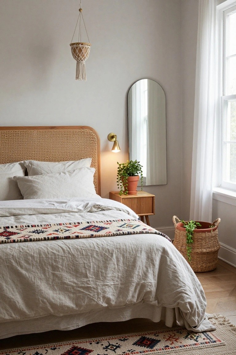 Corner view of a bedroom with a beige rattan headboard on a bed dressed in white linens and a multicolored woven throw, flanked by a wooden nightstand holding a potted plant, an arched mirror, a wall sconce, a hanging macrame planter, a seagrass basket with greenery, sheer curtains on a window, and a patterned rug on hardwood floors.