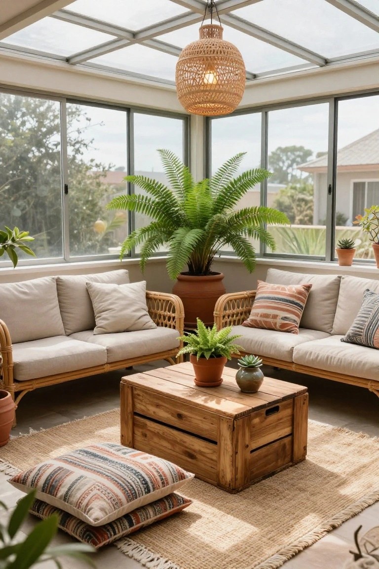 Bright sunroom with rattan sofas, wooden crate table, fern plant, and woven pendant light.