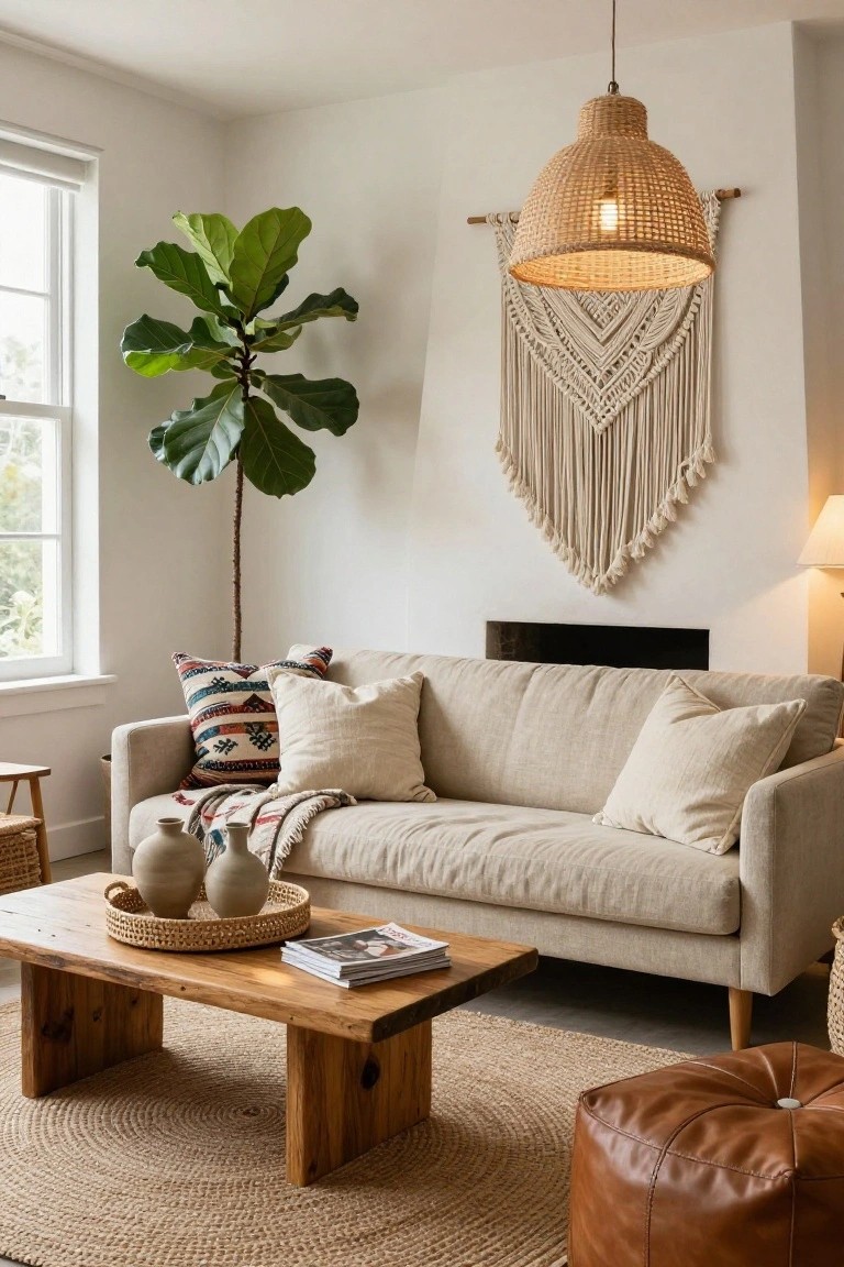 Cozy boho living room with beige linen sofa, chunky wooden coffee table holding woven tray and ceramics, round seagrass rug, tall fiddle leaf fig plant by window, rattan pendant light, macrame wall hanging above fireplace, and brown leather pouf.
