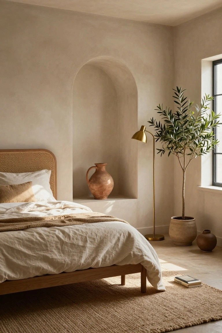 Bedroom corner with beige textured plaster walls and an arched niche holding a large terracotta jug and potted olive tree, beside a rattan headboard bed with white linen bedding, gold arched floor lamp, and seagrass rug on wood floor.