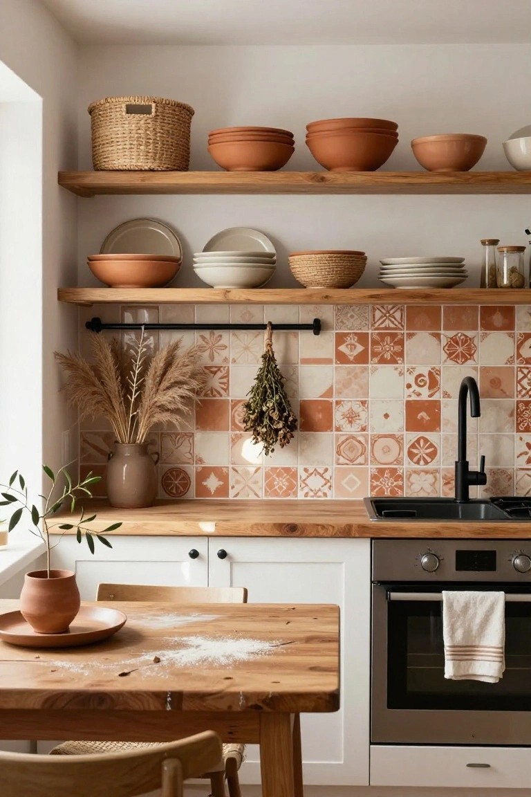 Kitchen interior with wooden open shelves displaying stacked terracotta bowls, plates, woven baskets, and glass jars above a colorful tiled backsplash, wooden countertop with sink, oven, and dining table.