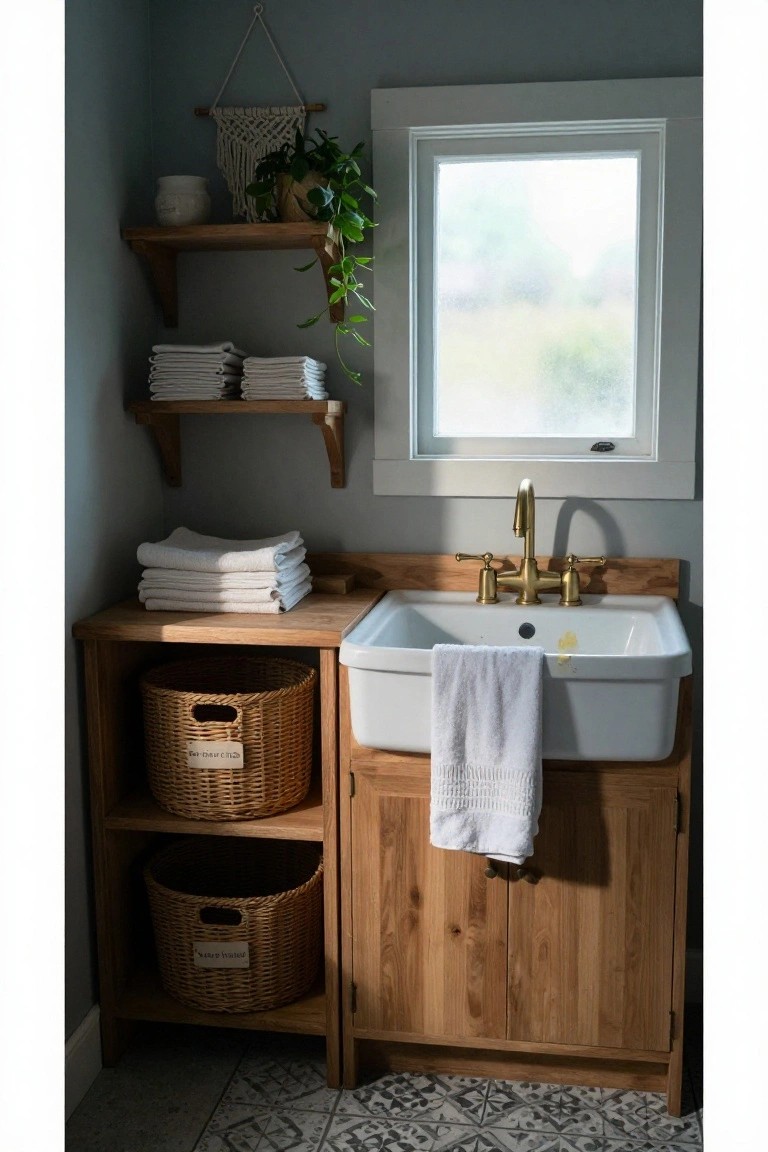 Small interior laundry room with wooden sink cabinet, white farmhouse sink, gold faucet, folded white towels on shelves and countertop, hanging potted plant, macrame wall hanging, and two labeled woven baskets on lower cabinet shelves.