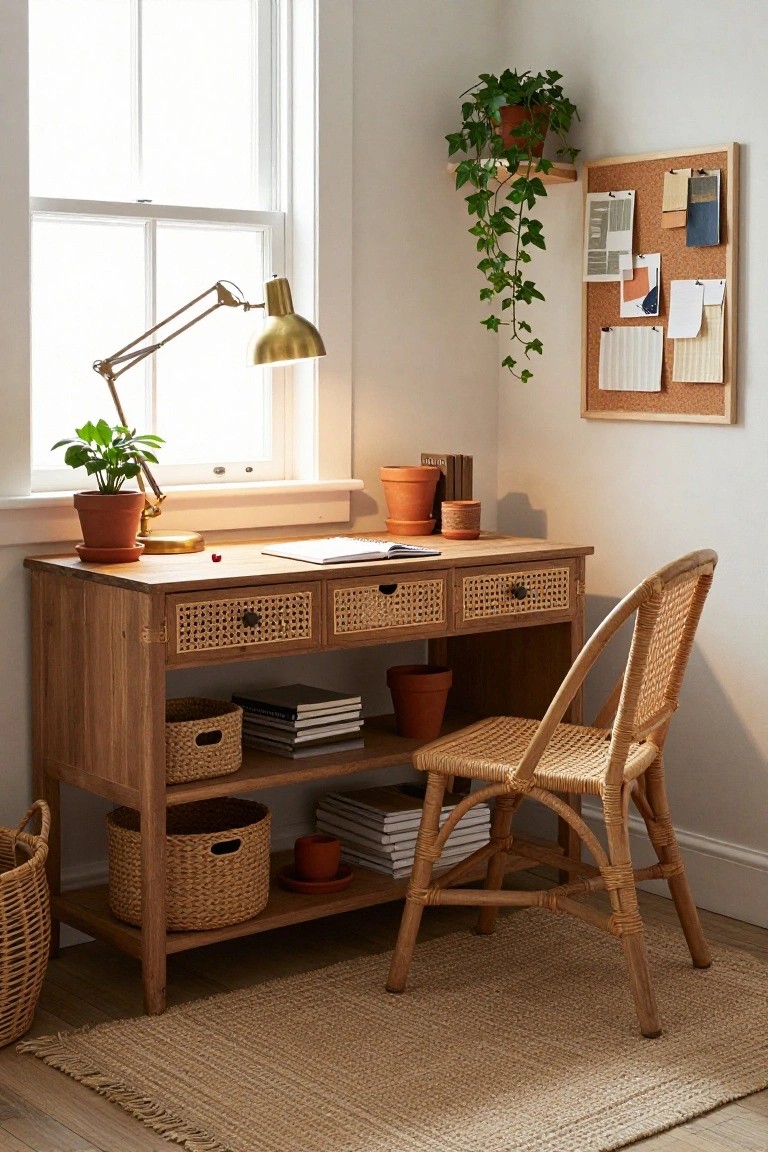 Wooden console desk with three rattan-fronted drawers and open shelving, rattan armchair, terracotta pots with plants, woven baskets, desk lamp, and corkboard on white wall in sunlit corner room.