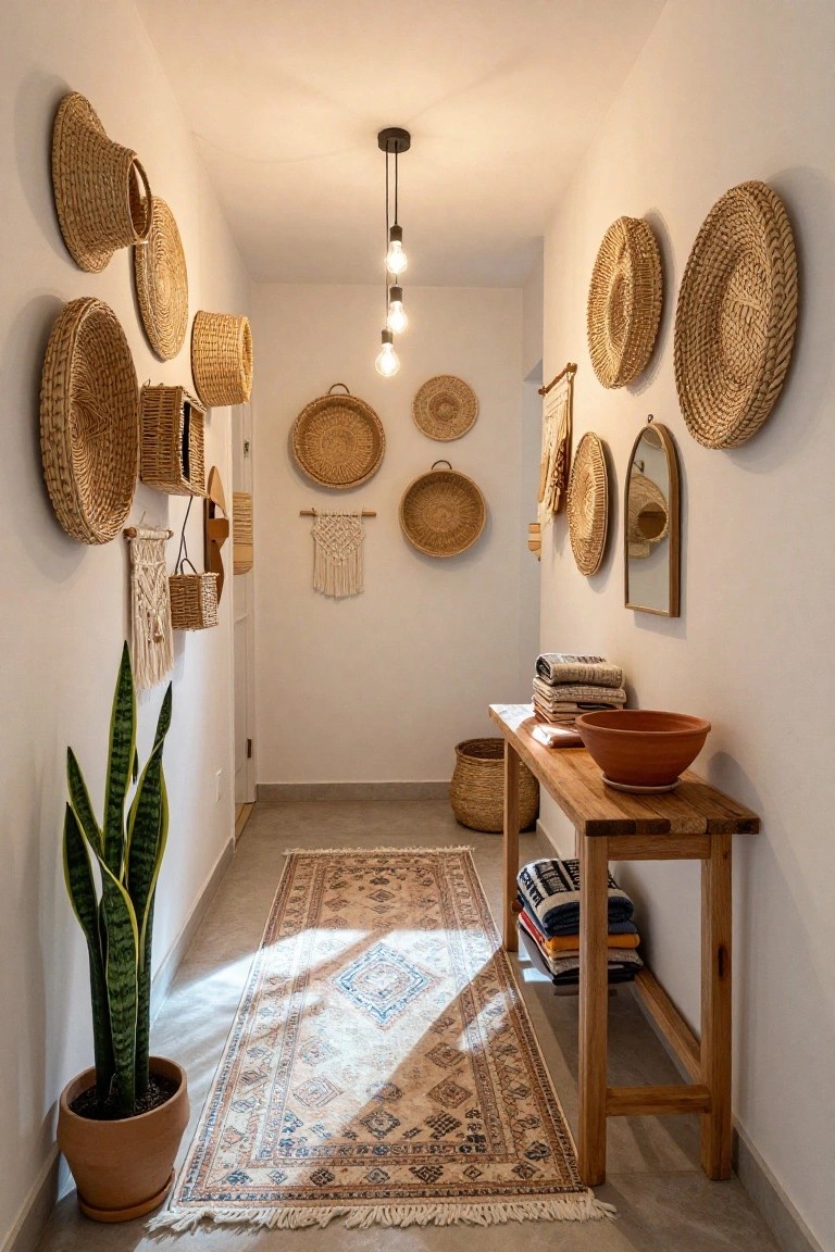Narrow white interior hallway with multiple woven baskets of various sizes hung on walls, macrame hangings, wooden console table holding stacked towels and terracotta bowl, potted snake plant, and patterned rug on concrete floor.
