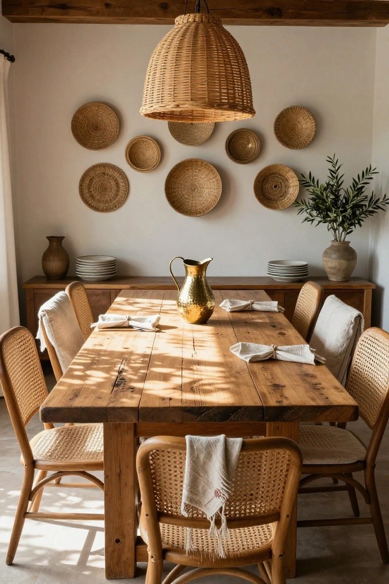 Sunlit dining room with rustic wooden table surrounded by rattan chairs, multiple woven baskets mounted in a gallery on white walls above a wooden sideboard with brass pitcher and stacked plates, olive branch in vase.
